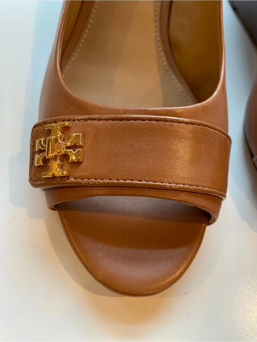Tory Burch peep toe in camel with wood grain wedge